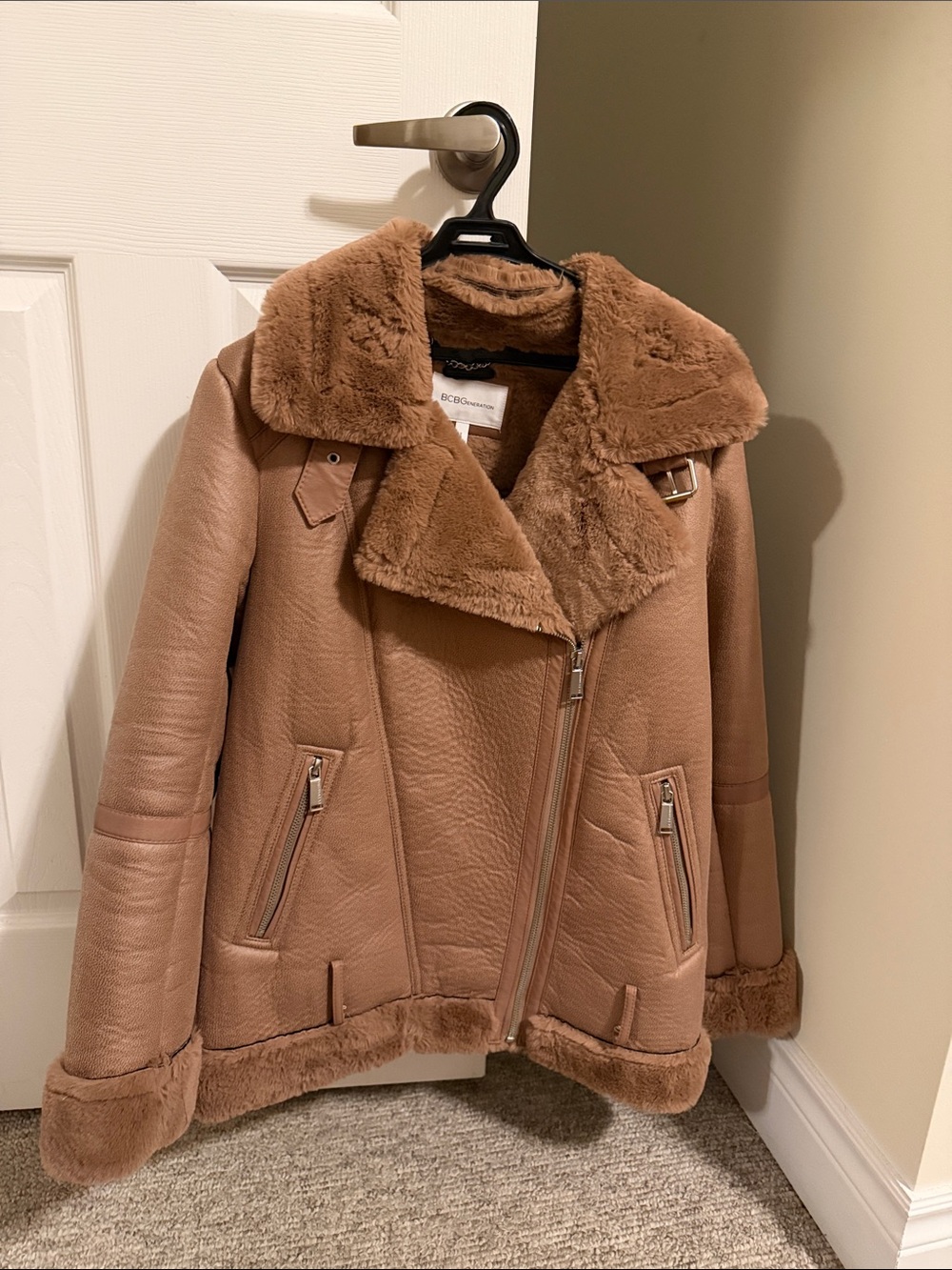 BCBGMaxAzria Camel Tan Faux-Shearling Moto Jacket - Picture 5 of 5